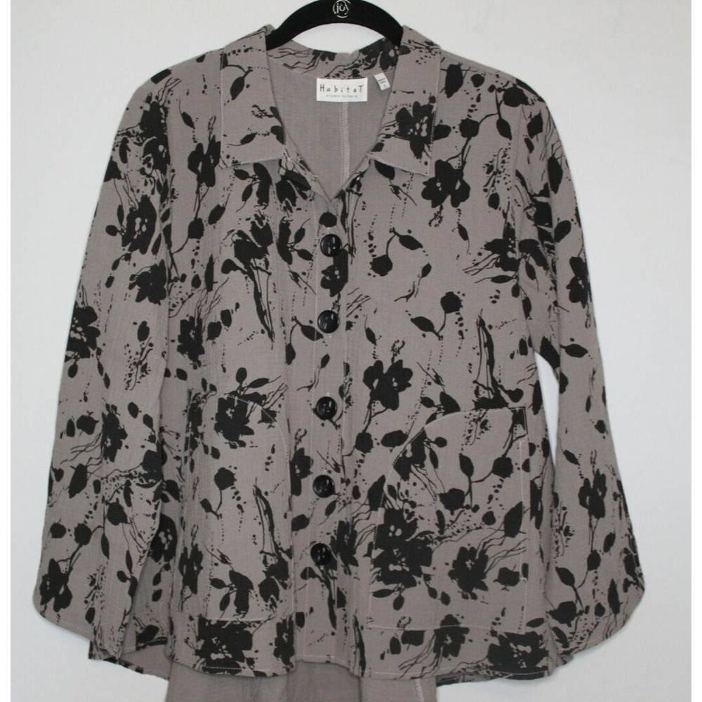Habitat Floral Splatter Crinkle Textured Button Up Swing Top Taupe Black Small - Picture 5 of 12